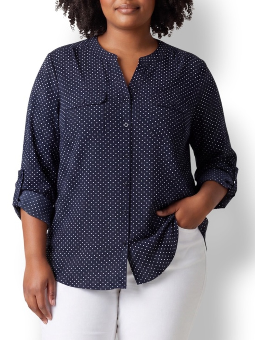 4/$20 Elementz Petite Black White Polka Dot Roll Tab Button Front Blouse Size PL